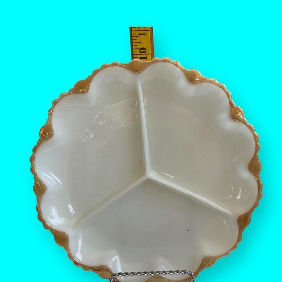 Vtg Milk Glass 3 Part Relish Dish Anchor Hocking Fire-King 22K Gold Trim 10” - Picture 5 of 6